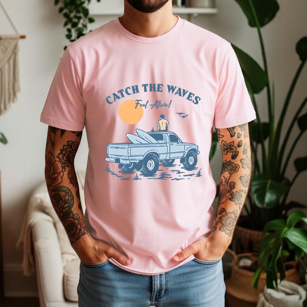 2026 Summer 100 Cotton Catch The Waves Graphic Oversized Tee Surf Pickup Summer Casual Themed Short Sleeve