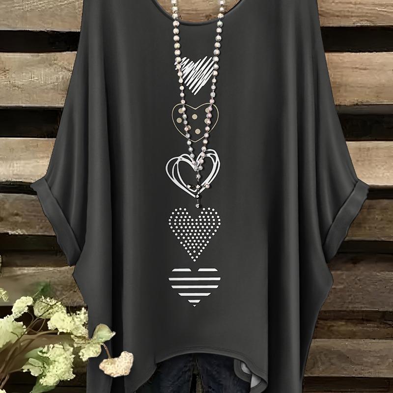 Summer new women's plus casual love string pattern printed bat sleeves round neck short-sleeved T-shirt, accessories not included