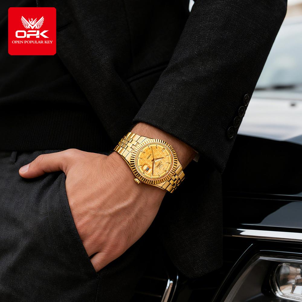 OPK 6073 Top Brand Men’s Quartz Wristwatch Stainless Steel Waterproof Auto Date Luxury Gold Watch for Man High Quality