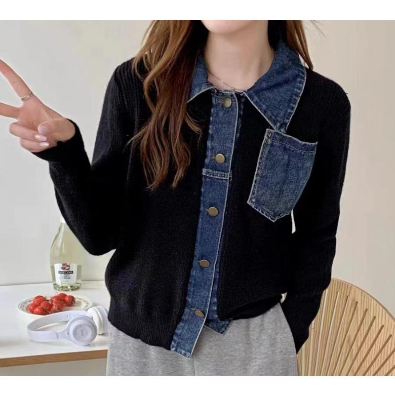 Autumn and winter PO collar short top women's fake two-piece denim collar splicing jacket knitted cardigan