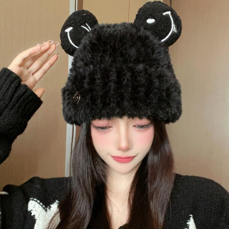 Cute Bear Plush Hat Female Thermal Knitted Hat Woolen Hat Big Head Circumference Autumn and Winter Student