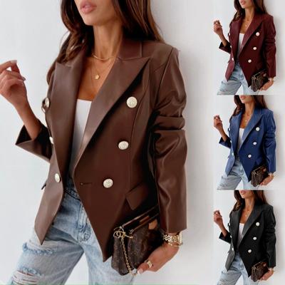 Women's Autumn Winter Double Breasted Fashion Long Sleeve Lapel Faux Leather Double Breasted Blazer