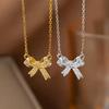 FTCY Exquisite Copper Inlaid Zirconia Bow Pendant Necklace For Women Fashion Simple  Stainless Steel Clavicle Chain Jewelry Gift