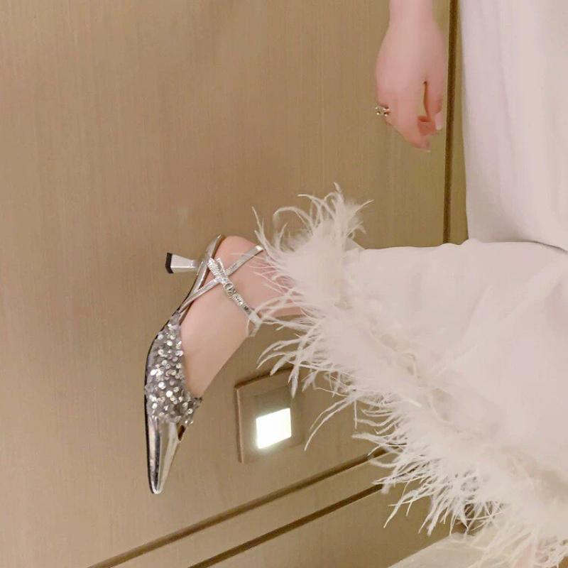 Mulheres Luxo Cristal Salto Alto Sandálias Feminino Verão Chinelos 2024 Designer Biqueira Pontuda Sandálias Vestido Chinelos Bombas Slides