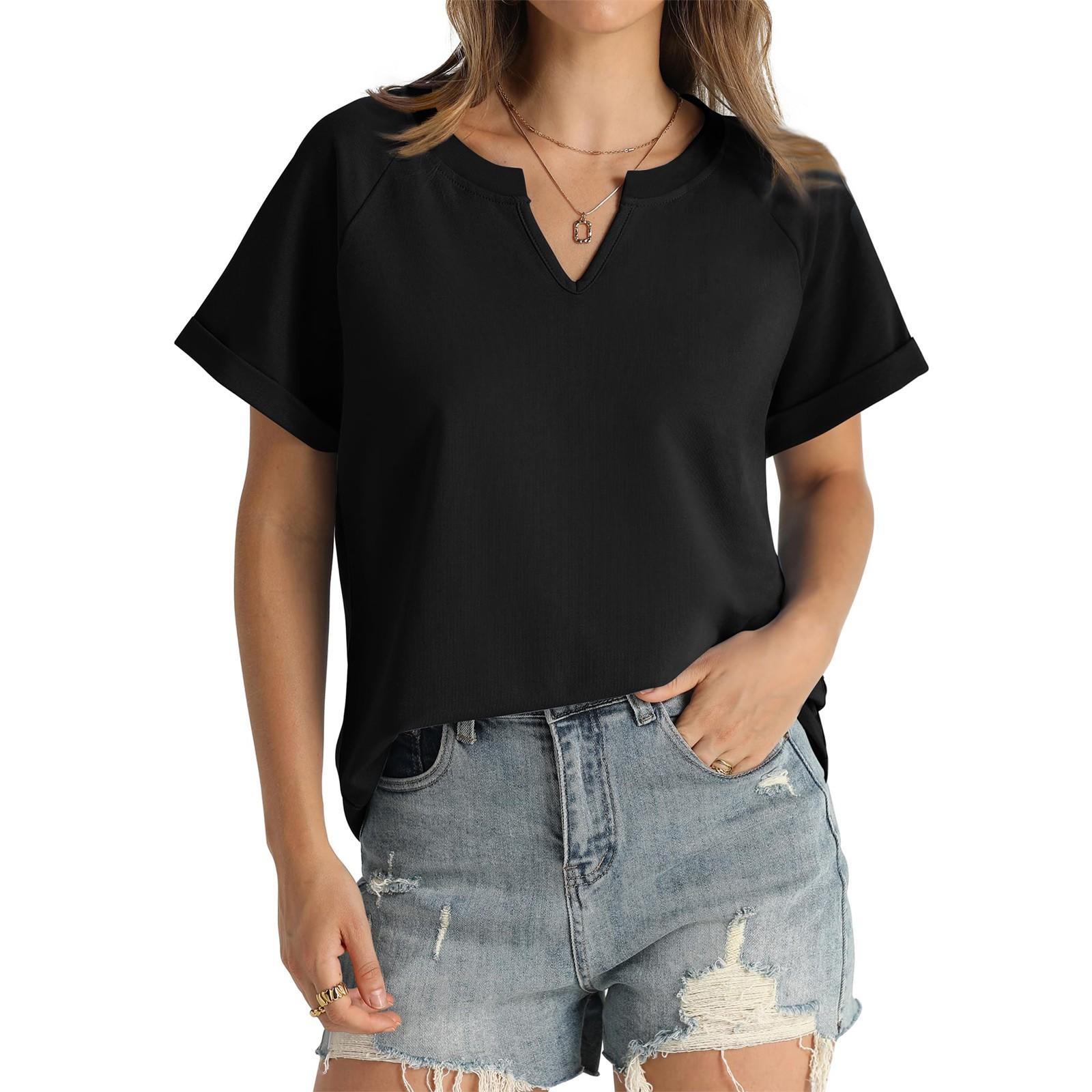 

Женская летняя рубашка, модный свободный повседневный однотонный топ с v-образным вырезом L чёрный