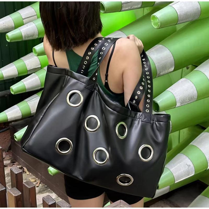 Punk Style Women's Tote Bag, Rivet Decor Handbag Cool Dark Retro Motorcycle Bag Large Capacity Shopping Bag Soft Underarm Bag