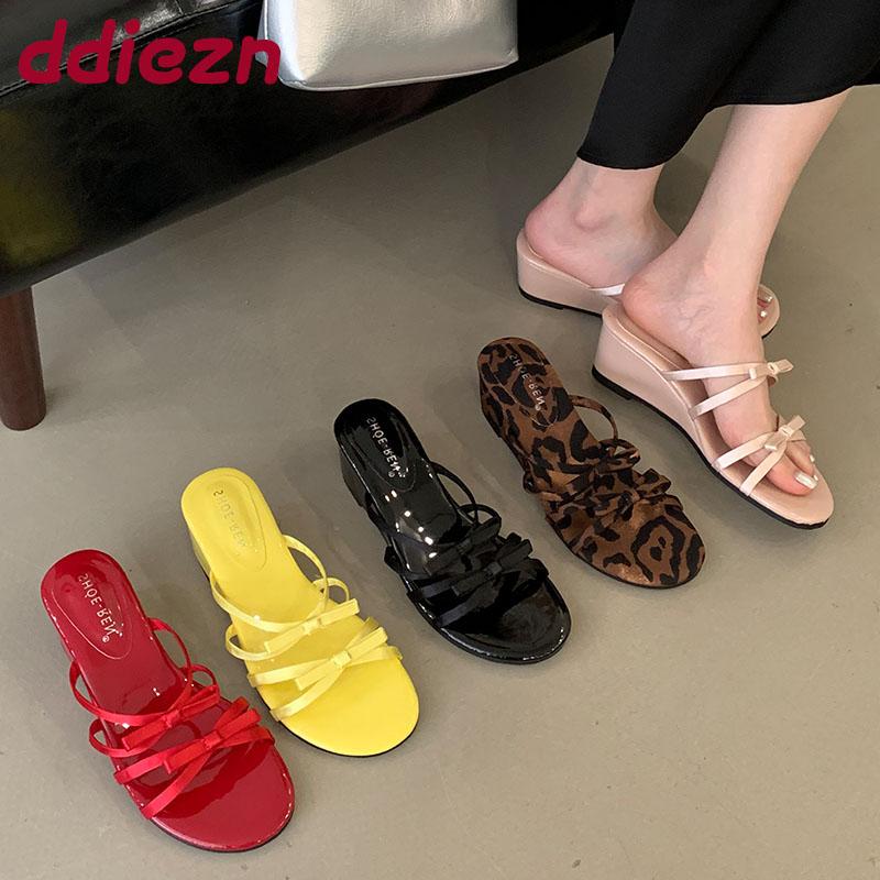 Fashion Fashion Butterfly-Knot Women Wedges Slippers Spring Summer Round Toe Ladies Heeled Slippers Shoes Female Slides Sandals Pumps