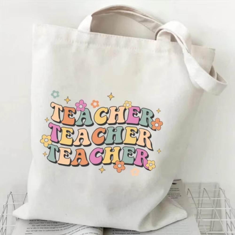 Teacher's Day Gift Teacher Print Canvas Tote Bag Women Handbag Colored Letters Teacher Canvas Tote Bag Floral Shoulder Bag