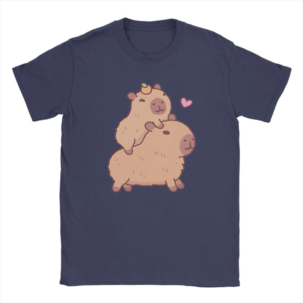 Vintage Cute Baby Capybara Hitching A Ride T-Shirts Men Round Neck 100% Cotton T Shirts  Short Sleeve Tees Plus Size Tops