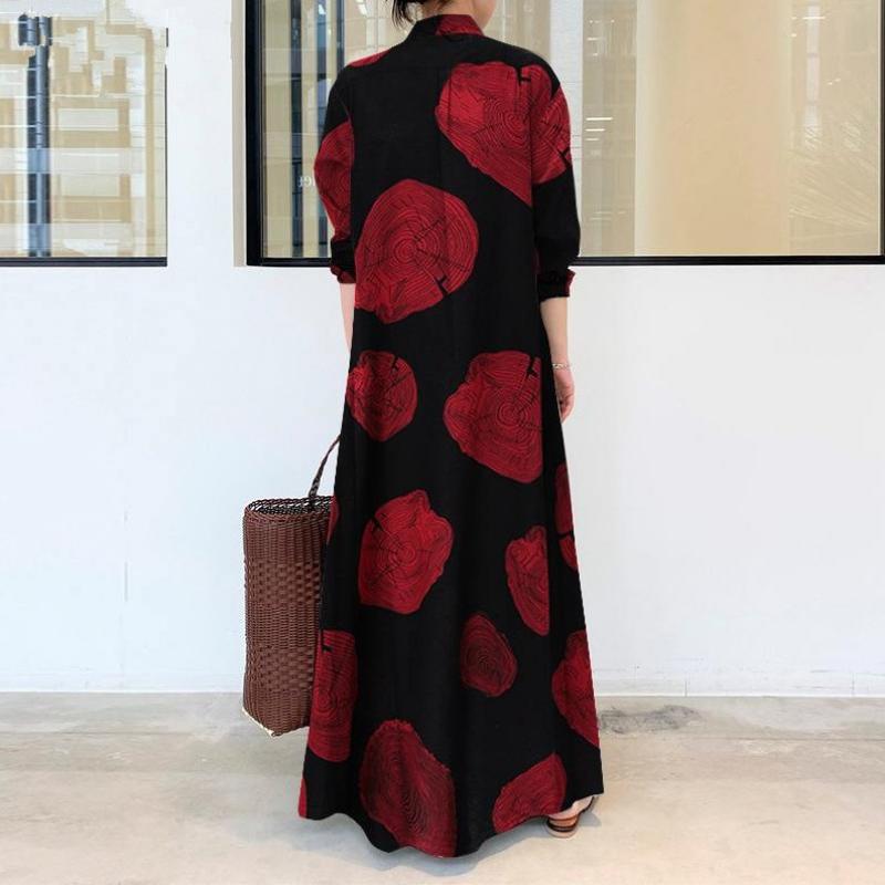 Women's Spring Summer Plus Size Cotton Linen Maxi Shirt Dress Long Sleeve Print Button Down Loose Casual Dress with Pockets