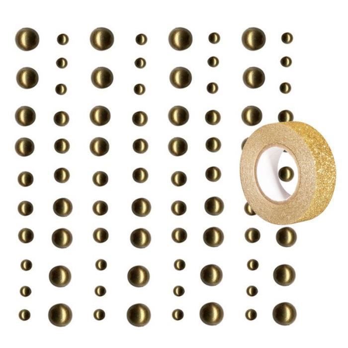 80 perles adhésives doré clair + masking tape doré à paillettes 5 m