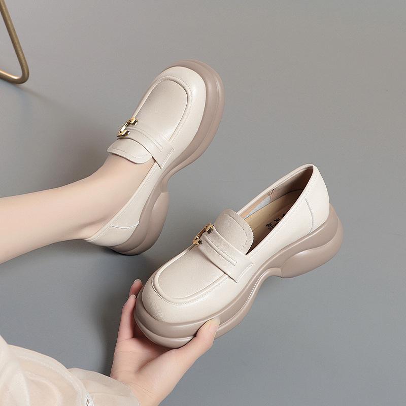 British Style Thick Bottom Chunky Platform Shoes Women Loafers Soft Leather 2026 Spring Med Block Heels Shoes For Office Mom
