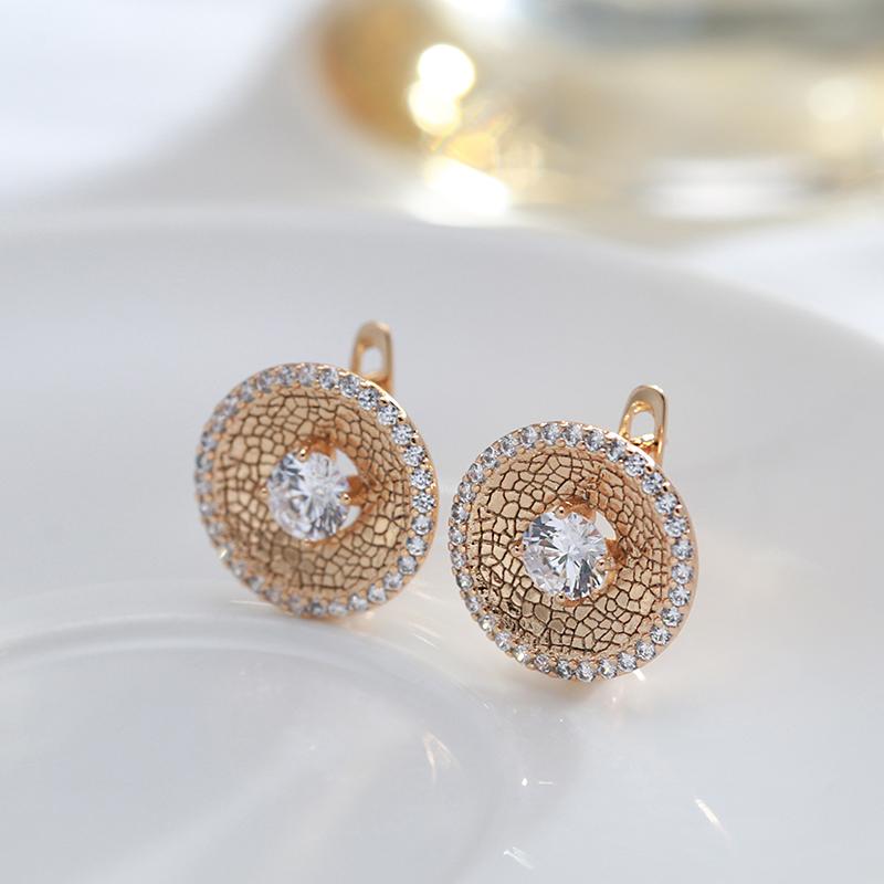 New Fashion Round Women Drop Earrings  Rose Gold Color Unique Pattern Full Natural Zircon Earrings Fine Daily Jewelry