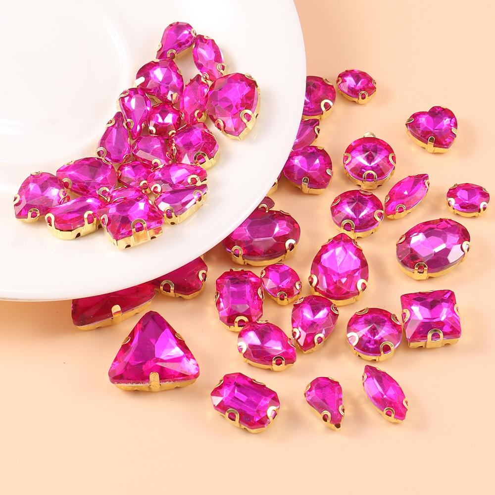 Mixed size glass rhinestone with claw cut diamond on stone bar, K gold base metal crystal, used for embroidery 50 pieces/pack