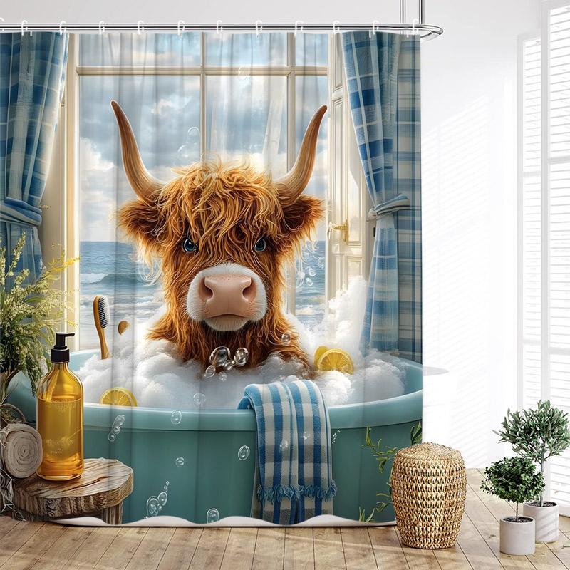 Funny Bathing Highland Cattle Shower Curtains Blue Bathtub Bath Curtain Window Ocean Landscape Bathroom Decoration with Hooks