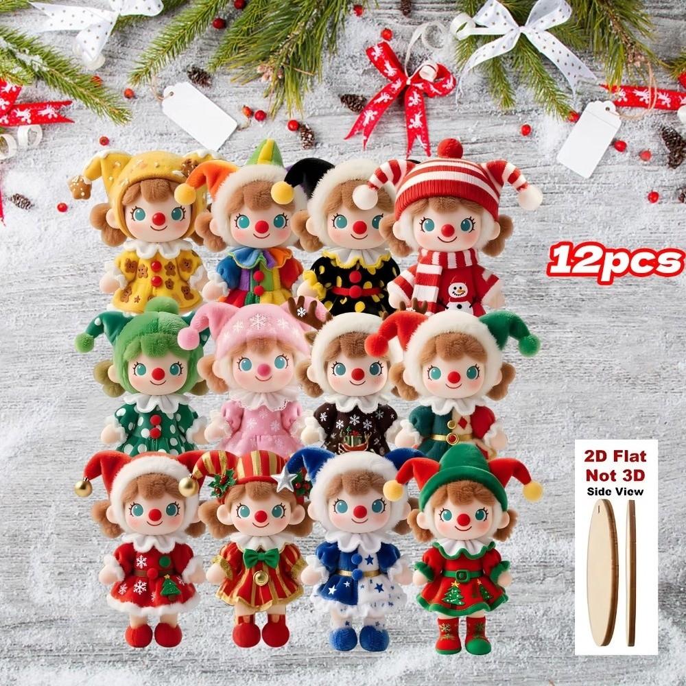 12pcs Colorful Christmas Doll Decoration Wooden Handcrafted Christmas Tree Ornament 2D Flat Traditional Design