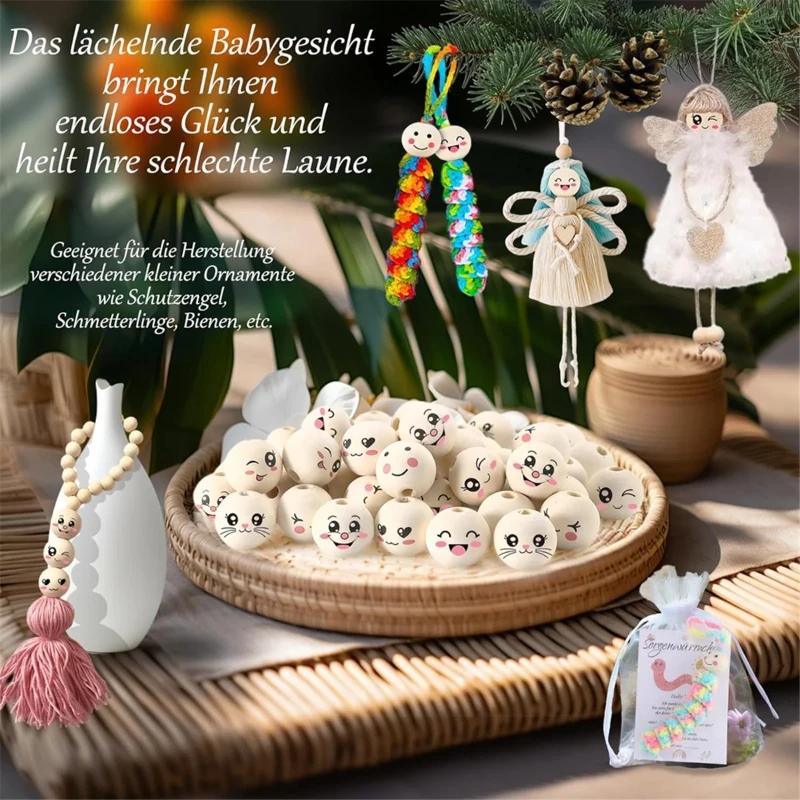 12 Styles Wooden Beads with Face 20 mm Smile Face Wooden Bead Natural Wood Beads Round with Hole Pack of 80