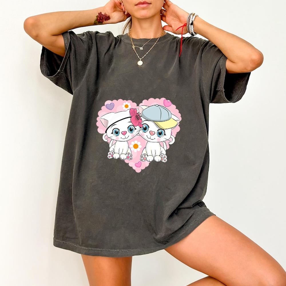 Cute Kawaii Couple Cat Oversized T-Shirt Washed Cotton Casual Tee Adorable Siamese Kitten Graphic Top