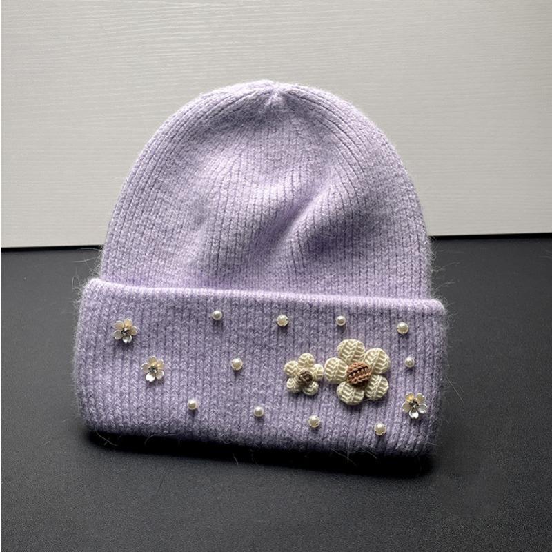 New Cute Flower Rabbit Wool Knitted Hat Autumn and Winter Thickened Warm Plush Fashionable Wool Hat Women Showing Their Face Cold Hat