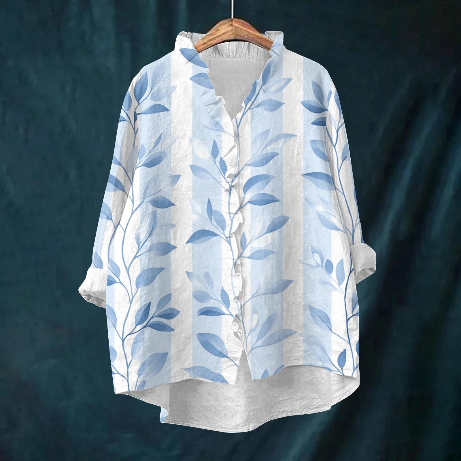 

Women s Loose Ruffled Retro Floral Print Stand Collar Long Sleeve Cotton And Linen Top XL