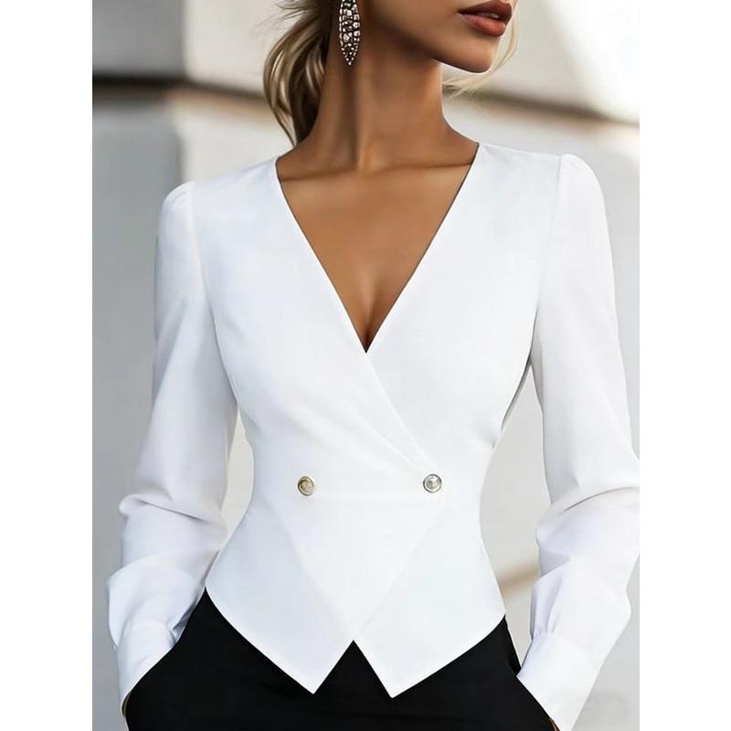 Damen S Elegantes V-Ausschnitt Langarm Slim Fit Polyester Hemd für den Weg zur Arbeit