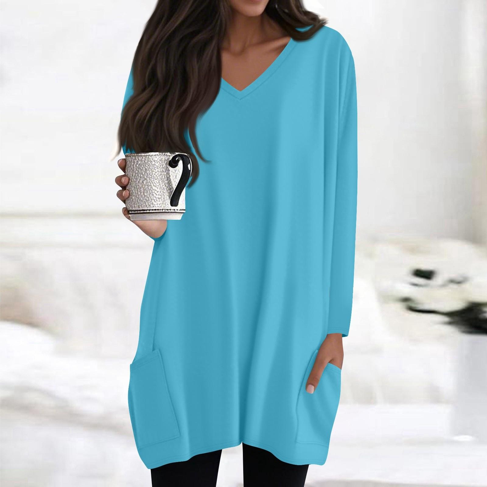 

Женские топы с V-образным вырезом и длинным рукавом, повседневные блузки средней длины, модные туники с принтом и карманами S синий