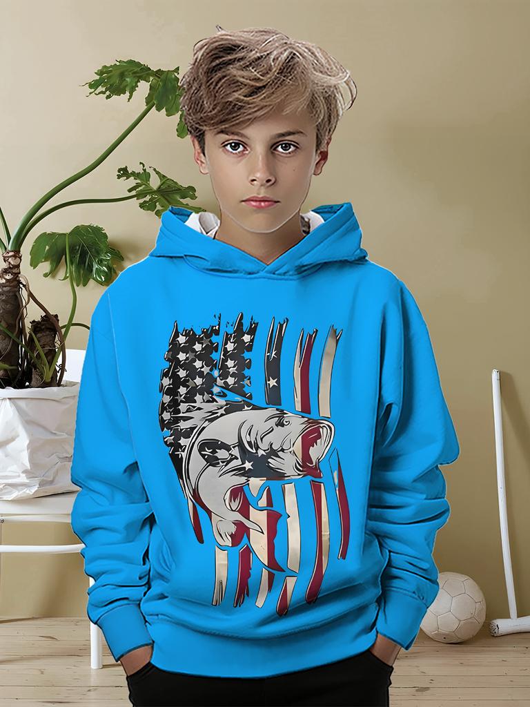 Boys' Casual Hoodie, Shinharajuku Color-changing Fish Print Sports Style Personality Street Print, Daily Travel Must Hoodie