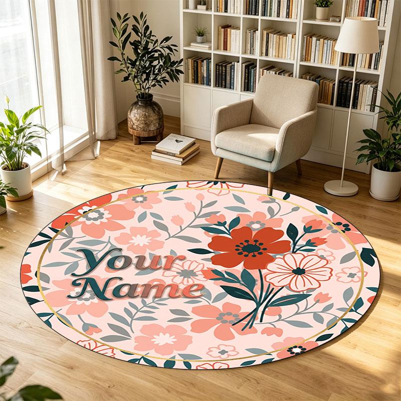 Fiori floreali (675) Tappeto Circolare in Velluto di Cristallo Personalizzabile con Nome e Testo Tappeto Morbido Rotondo per Pavimento per Decorazione Soggiorno Camera da Letto