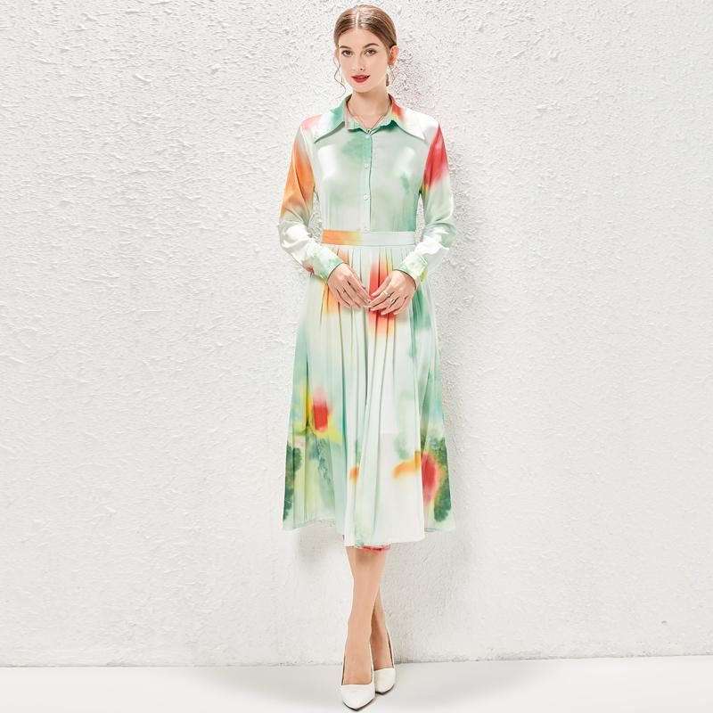 

Весна-Осень, новые элегантные изящные платья-рубашки с принтом, наряды, плиссированные модные элегантные юбки с длинными рукавами, комплект из двух предметов