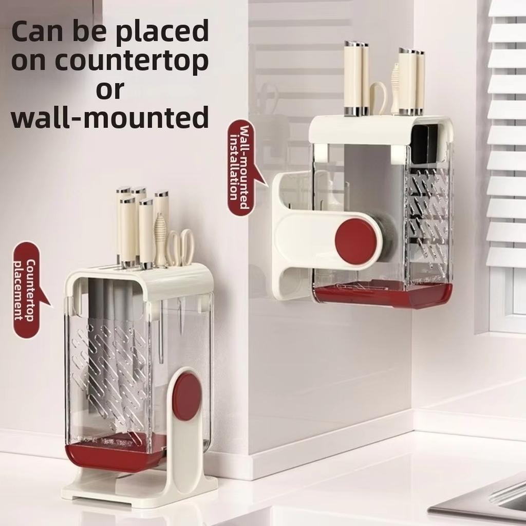 Wall Mounted Rotatable Knife Holder, Multifunctional Draining Tableware Rack, Proof Kitchen Storage Organizer