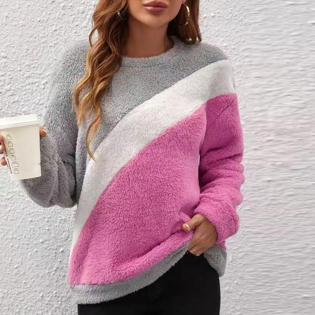 Women's Fashion Casual Round Neck Contrasting Color Drop Shoulder Sleeve Fleece Long Sleeve Pullover Top