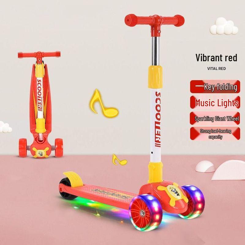 Colorful Folding Scooter with Flashing Music for 2-8 Year Olds - Durable Three-Wheeled Ride-On with Drop-Resistant Handlebar