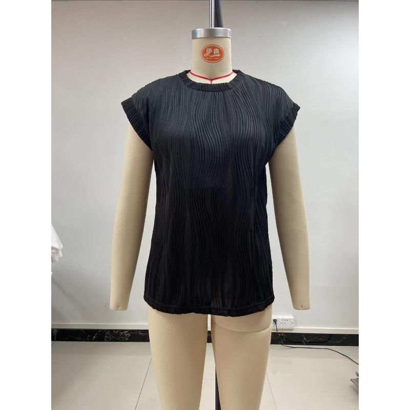 Women's Blouse Summer Solid Color Texture Short Sleeve Women's Shirt Casual Tops Fashion New Loose Round Neck Female Shirts
