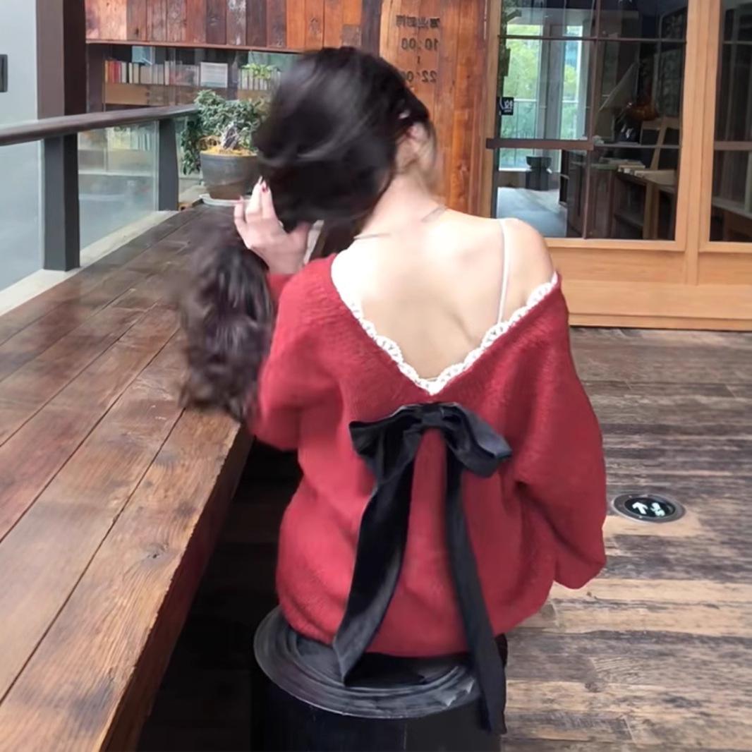 

Women s Off-Shoulder Red Bow Knit Sweater - Autumn/Winter Loose Fit One Size