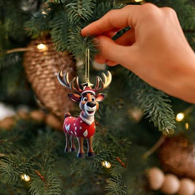 6 Pcs Christmas Reindeer Ornament Cute Cartoon Elk Acrylic Hanging Decoration with Santa Hat 2D Flat Animal Pendant for Holiday Party Accessories