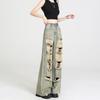 Damen High Waist Ripped Wide Leg Jeans Lässige Denim Hose Baggy Hose Bottom