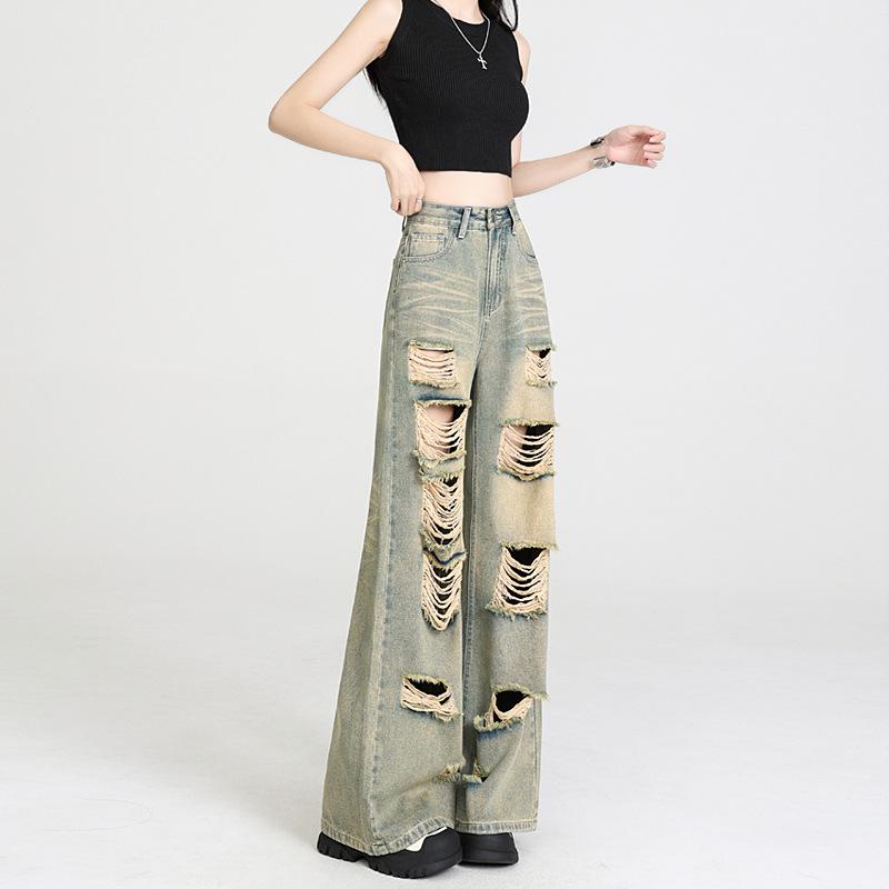 Damen High Waist Ripped Wide Leg Jeans Lässige Denim Hose Baggy Hose Bottom