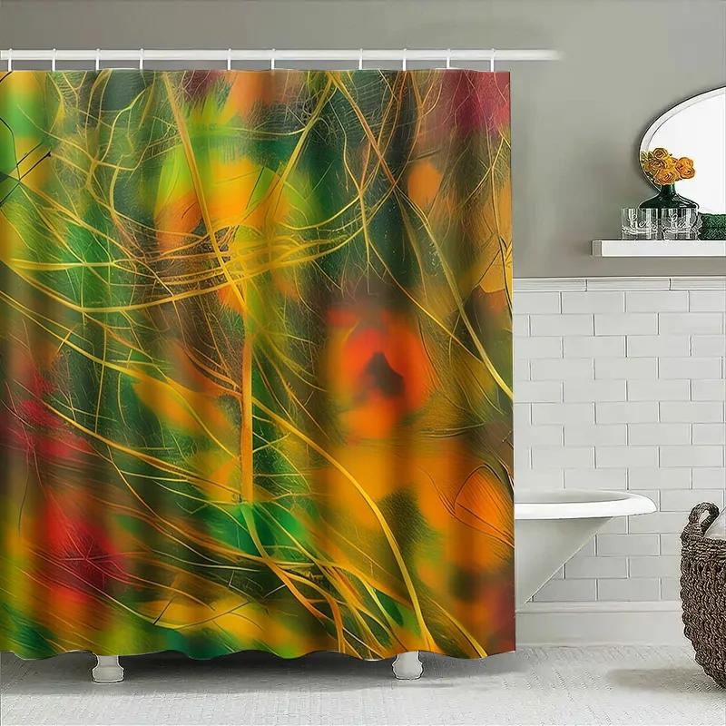 Bright Abstract Shower Curtain Green Yellow Red Gold Black Striped Pattern Watercolor Style Bathroom Decor