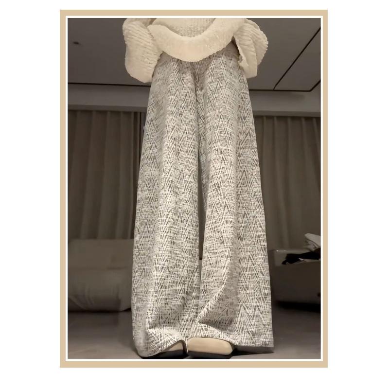 

Women s Beige Chevron Pattern Wide Leg Pants Loose Fit High Waist Casual Fashion Trousers S сірий
