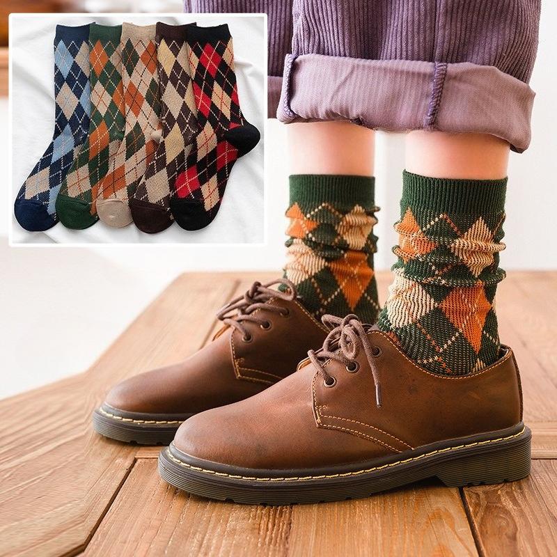 5 Pairs Winter Combed Cotton Socks Thicken Classic Warm Sokken Fashion Design Plaid Check Woman Harajuku Socks