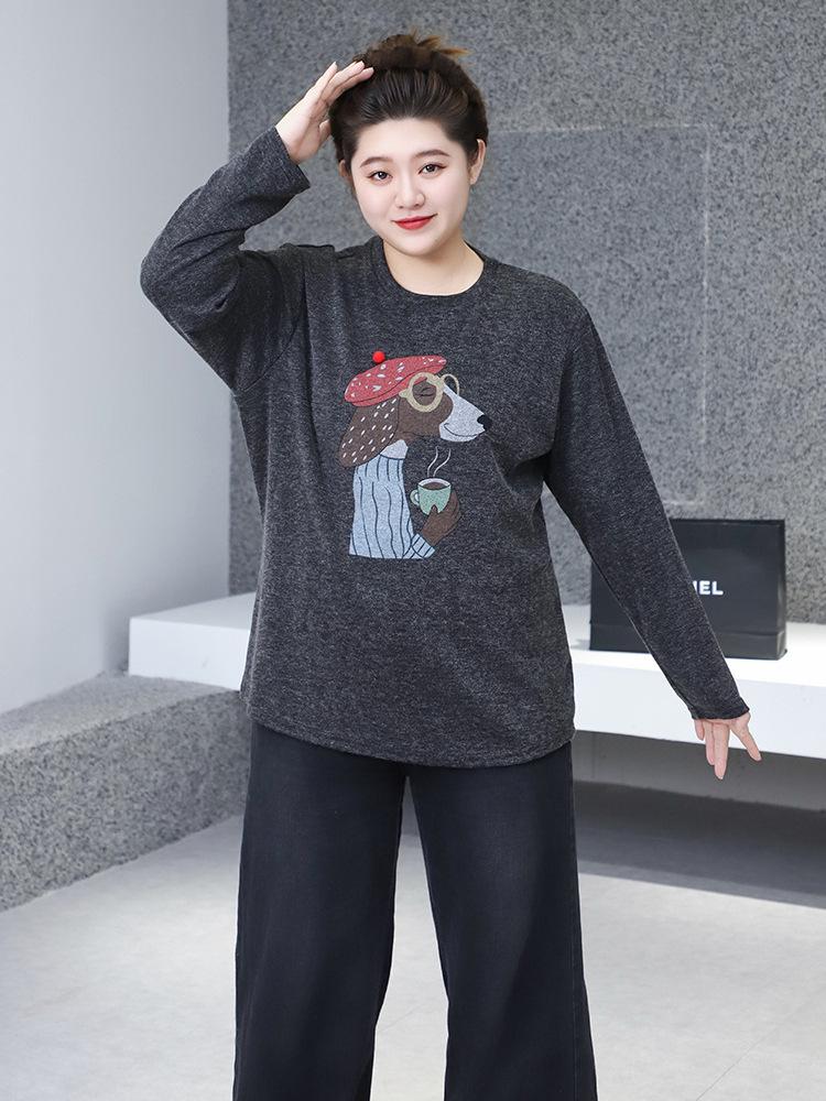 2023 Winter Korean Style Loose Casual Round Neck Puppy Print Pullover Plus Size Women's Top