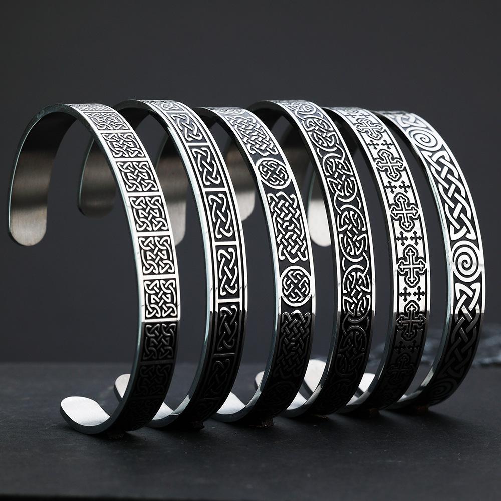 Vintage Stainless Steel Open C-Shaped Solid Celtic Knot Bracelet Unisex