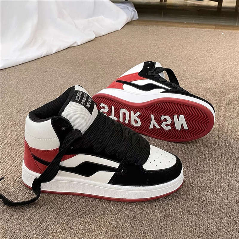 Black and red color matching high-top board shoes women's ins trendy and versatile 2025 spring and autumn new niche leisure sports bread shoes