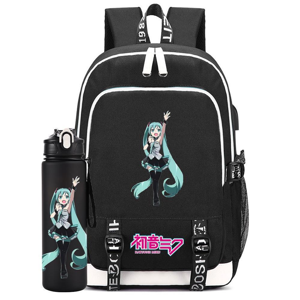 2 ks/sada Anime Hatsune Miku Potisknutý Batoh Velkokapacitní Školní Taška s 750ml Láhví na Vodu na Notebook Student Chlapec Dívka Velkokapacitní Vodotěsná Školní Taška