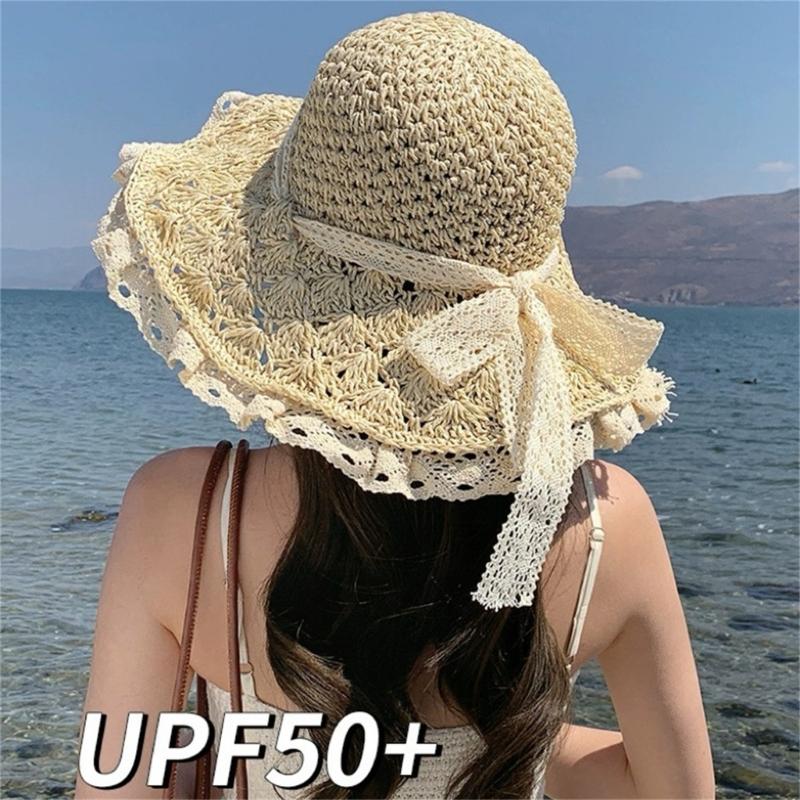 Stylish Summer Wide Brims Straw Hat With Pineapple Lace Bowknot For Women Breathable Outdoor Beach Sun Protection