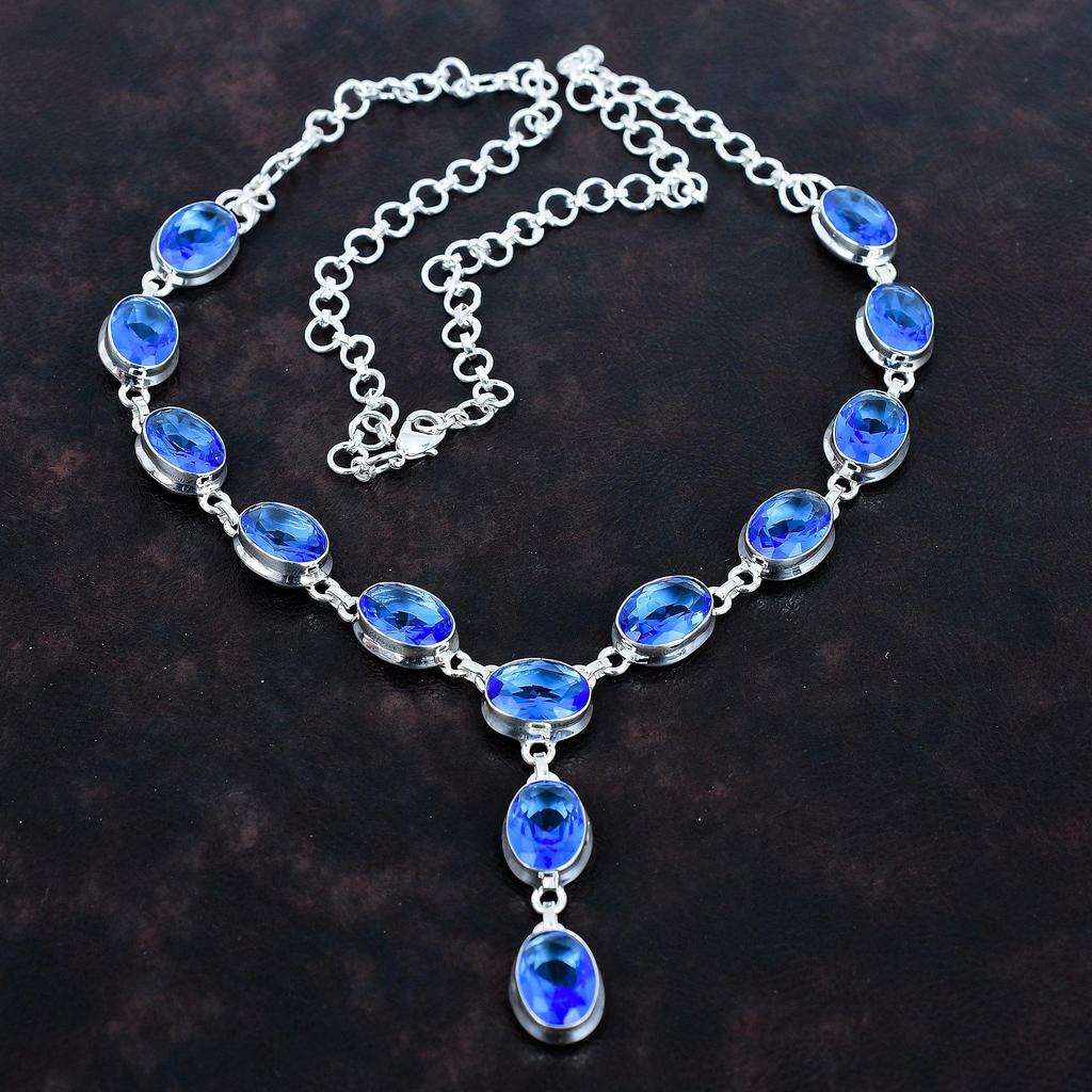 Faceted Tanzanite Quartz Necklace Gemstone Antique Jewelry 925 Sterling Silver Necklace Handmade Adjustable Chain Necklace Engagement Gifts