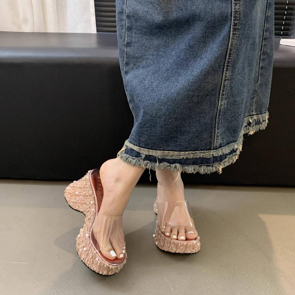 Small Man Height Gain Super High Heels Glitter Sequins Women's Summer Slope Heel Transparent Muffin Bottom Thick Sole Beach Cool Slippers