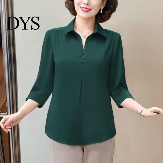 Turn-down Collar Mother Summer Top Buttons Solid Color Three-quarter Sleeves Pullover Match Pants Mid-aged Casual Plus Size Mom Spring T-shirt Women