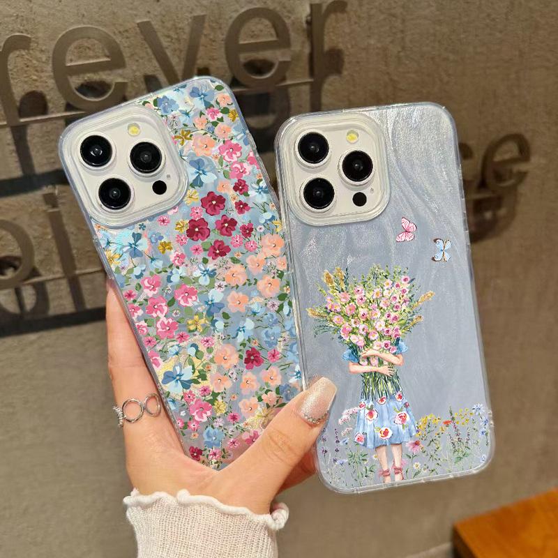 Floral Pattern Feather Sparkling Shockproof Phone Case For iPhone 16 Pro Max 15 Pro 14 13 12 11 Clear TPU Soft Edge Glitter Slim Hard PC Back Cover