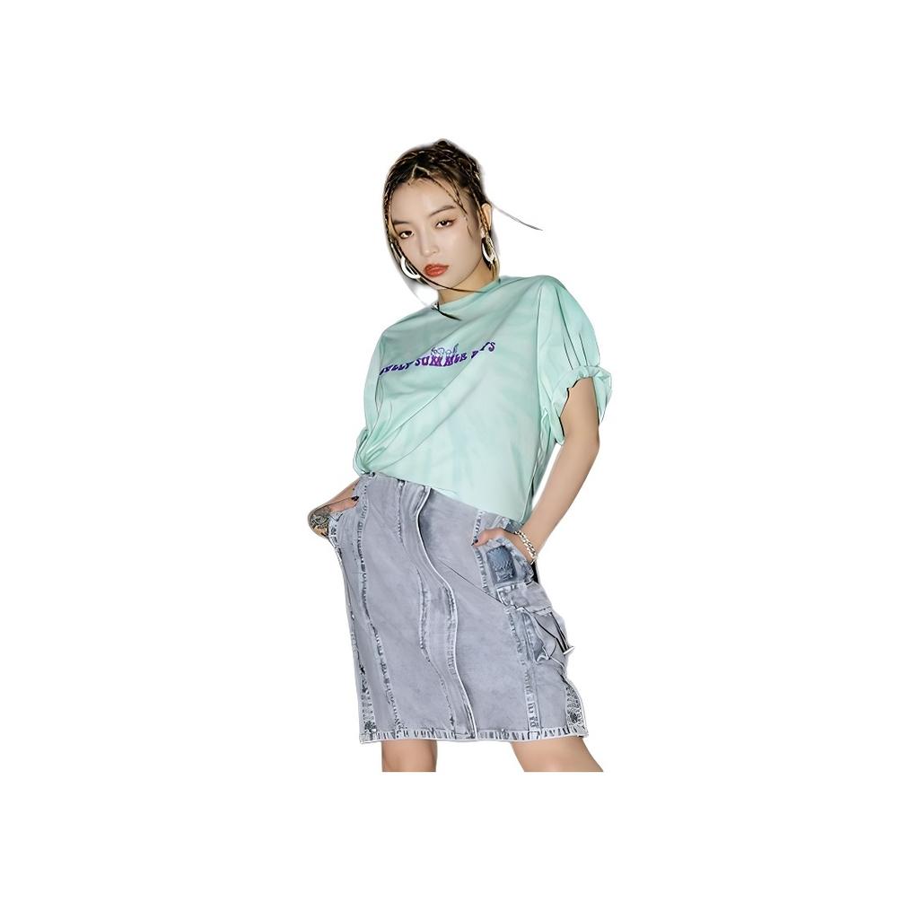 Li Ning Badfive Washed Elastic Waist Straight Casual Denim Skirt Women Skirts Gray ASKS158-1